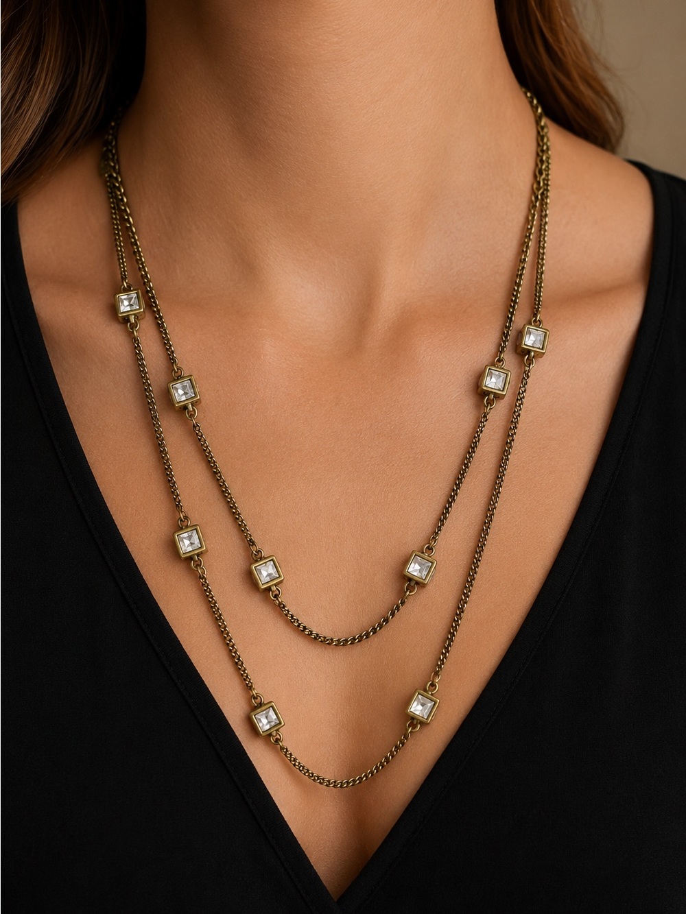 Crystal Station Necklace Gold Layered Long Chain NIB Retired Lia Sophia Y2K
